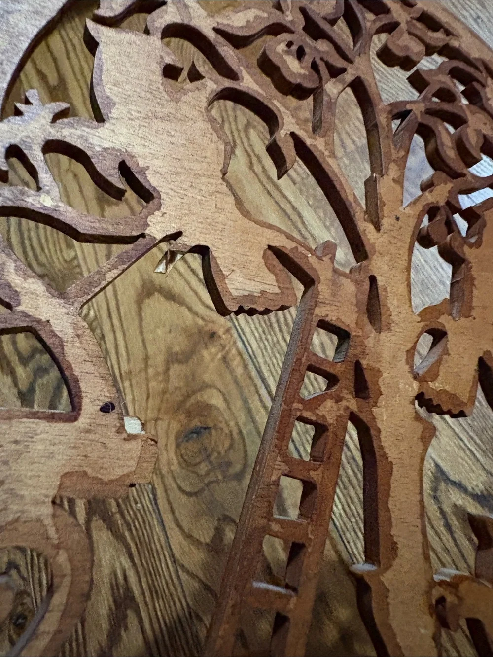 Vintage Brown Wooden Shelf with Folk art Tree & Bird Cutout